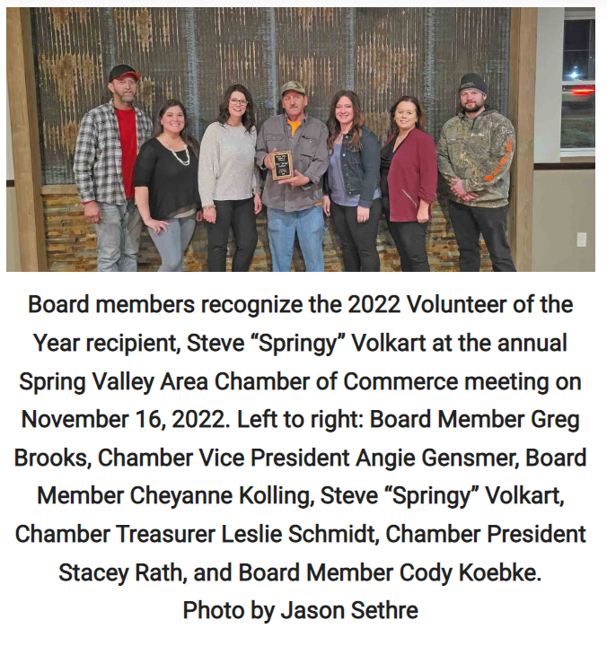 Volunteer of the Year recognized at Spring Valley Chamber of Commerce annual meeting