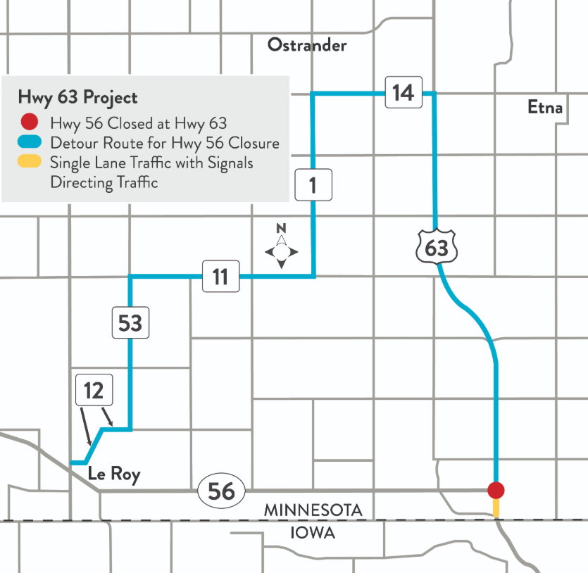 Highways 63 detours begin June 2 for road improvements south of Spring Valley