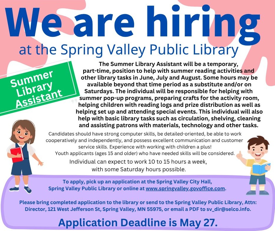 Spring Valley Public Library Seeking Summer Library Assistant